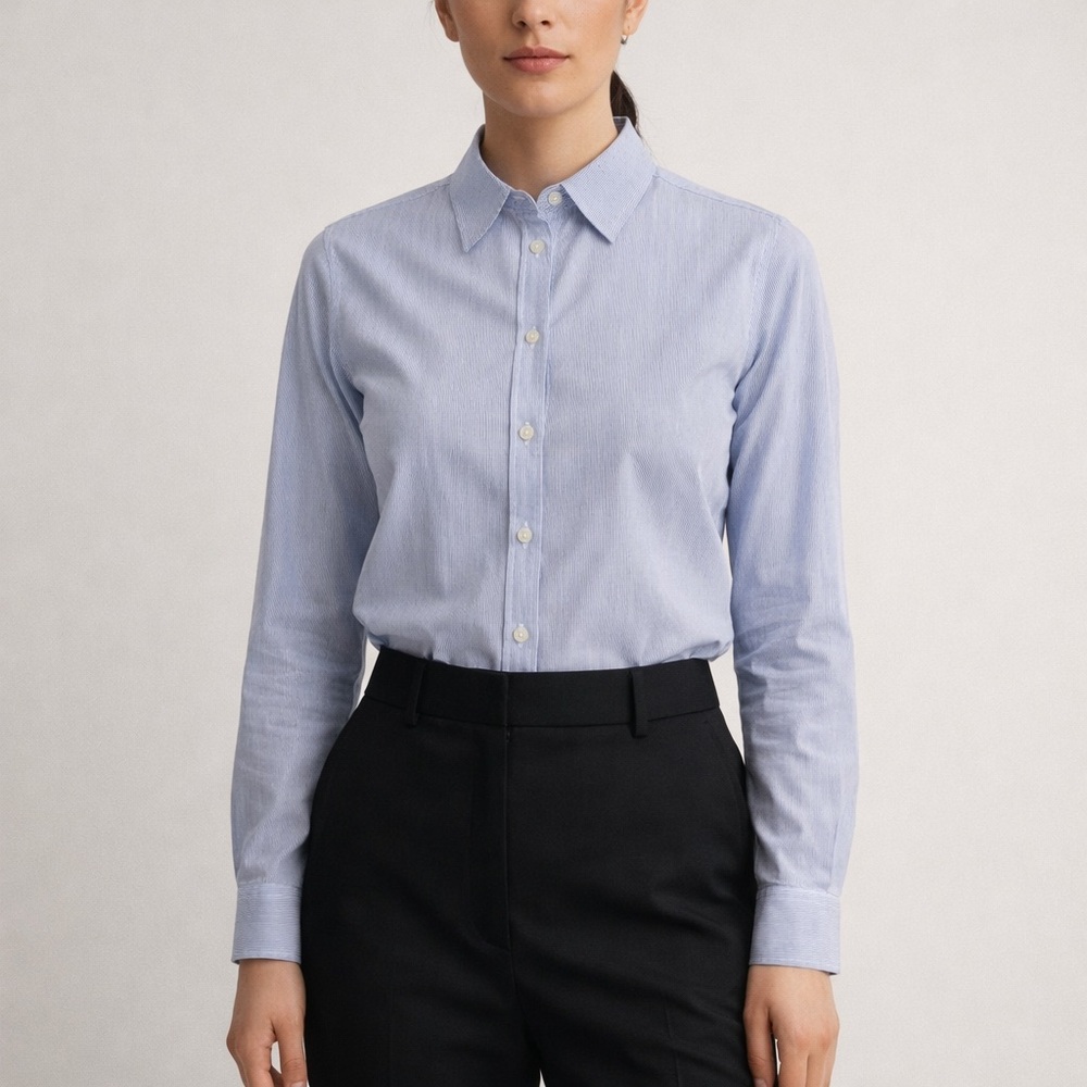 Benetton Blue White Pinstripe Button Down Shirt XS Classic Cotton Office Blouse